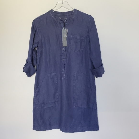 Michael Stars Molly Linen Mini Shirt Dress Pull On Navy Blue Long Sleeve NWT - Picture 12 of 12